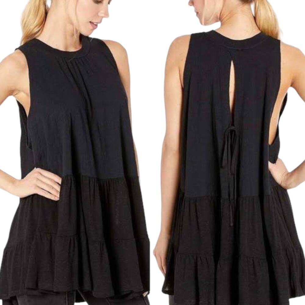 Free People Right On Time Tunic Top XS Black Sleeveless Oversized Tiered Boho